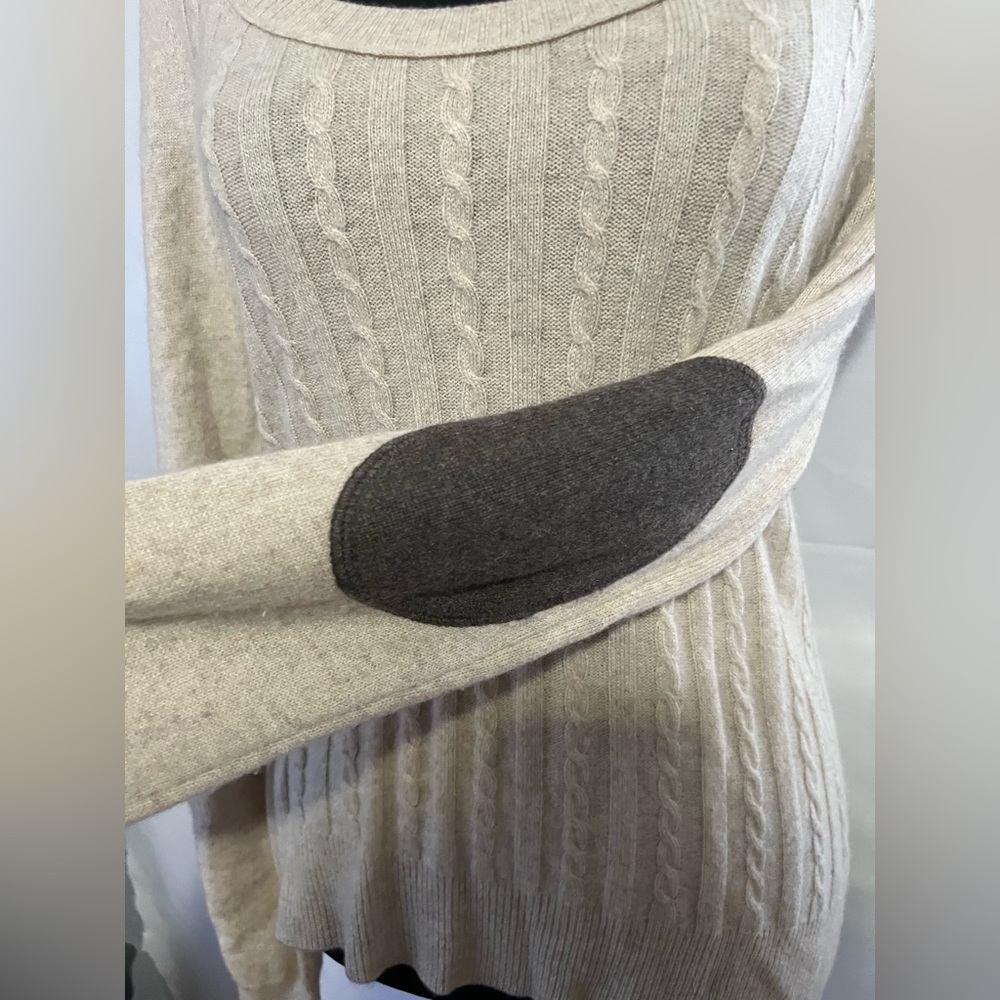 Aqua Cashmere Cream Sweater leather elbow patch small quiet luxury preppy career - Picture 4 of 6